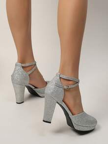 精选优质厚底高跟鞋，女士高跟鞋，舒适纯色亮面交叉绑带银色高跟鞋，配有踝带和搭扣，粗跟，优雅百搭，适合派对和宴会穿着，魅力十足。 - 銀色 - 查看 6