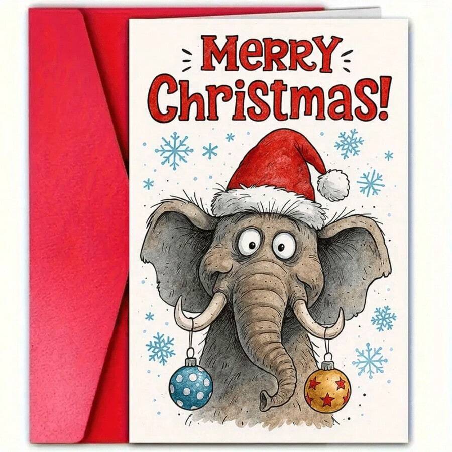 1pc Funny Elephant Christmas Card With Santa Hat - Perfect Holiday Greeting And Gift For Animal Lovers, Festive Seasonal Celebration Card, Whimsical Design, Durable Paper Material, Ideal For Christmas Shoppers & Holiday Decorators, Christmas Card For Granddaughter With Elephant, Thank You Card, Christmas Card, Wedding Card