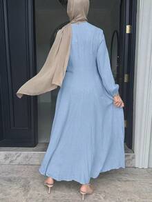 Elegant Solid Color Waist Cinched Long Dress For Commuting - Baby Blue - View 4