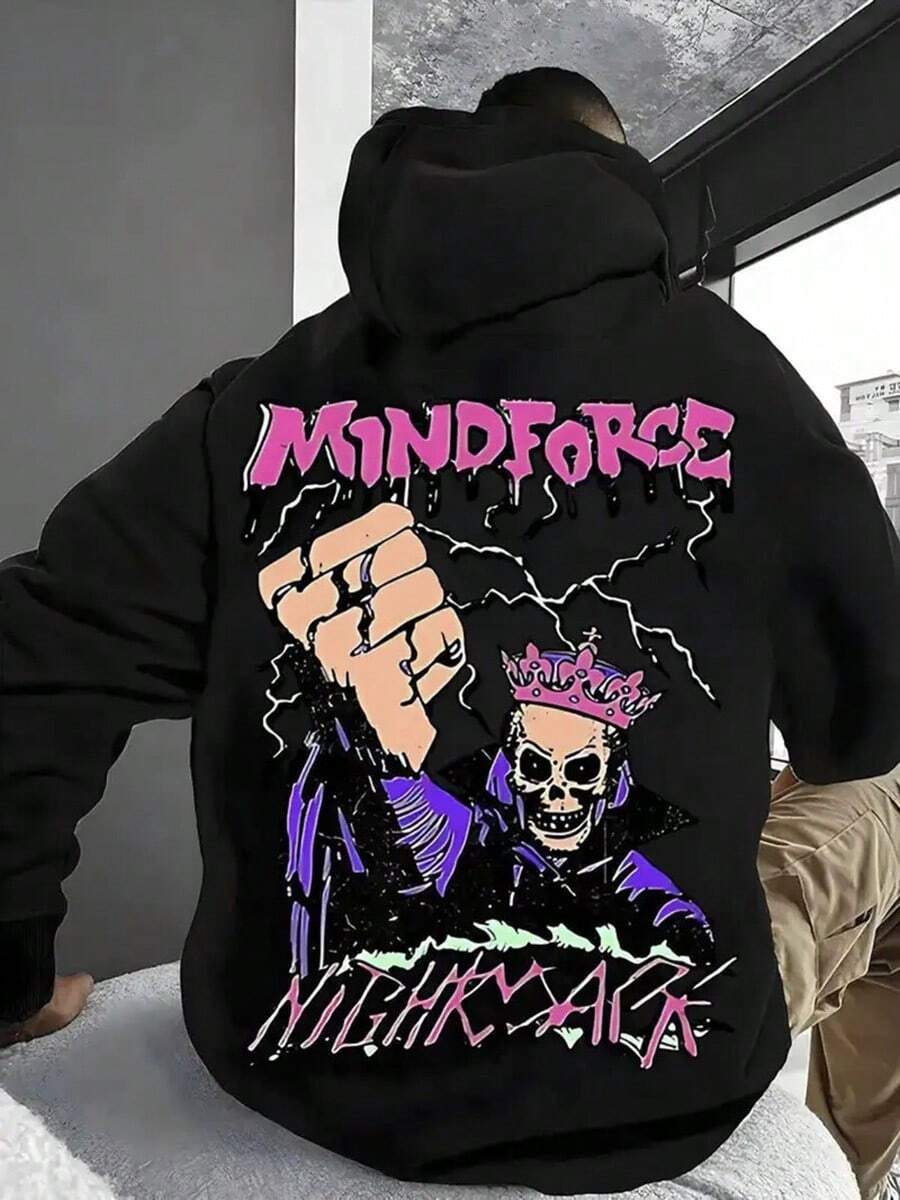 Men'S Heavyweight 360g Hooded Sweatshirt - Black Pullover Hoodie With Pink Accents, Loose Fit Streetwear, Front  Pocket & Drawstring Hood For Fall,Winter,Fall Hoodies,Men's Fall Clothes,Street Wear,Halloween,Mens Hoodies,Y2k Clothes,Jesus Hoodie,Thanksgiving Day,Nightmare Before Christmas,Christmas - 黑色 - 查看 1