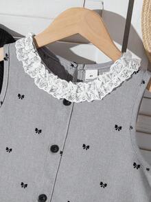 2pcs Set: Floral Lace Trim Solid Color Long Sleeve T-Shirt And Bow Print Sleeveless Midi Dress, Suitable For Outdoor, Casual Daily Wear - Black - View 4