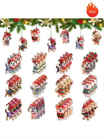 12 piezas/24 piezas/36 piezas Decoraciones navideñas de madera, 12 diseños únicos de perros, cada uno con suéteres navideños y encantadores sombreros de invierno. Cada decoración muestra deliciosos suéteres con temas navideños decorados con copos de nieve, árboles y patrones festivos, coronados con gorros de punto rojos. Perfectos para la Navidad y la decoración del hogar. Decoraciones navideñas Decoración de habitaciones Decoraciones navideñas para el hogar Regalos de Navidad Decoración navideña