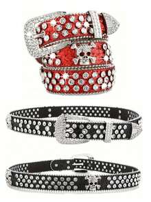 水钻腰带，骷髅设计，男女通用，高品质皮带 - 彩色 - 查看 10