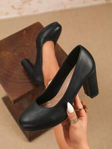 女士圆头厚底高跟鞋，舒适优雅，适合办公室正式场合穿着，黑色人造革厚底高跟鞋 - 黑色 - 查看 3