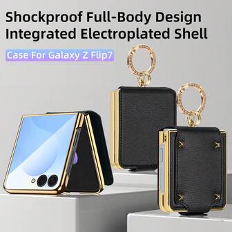 VIETAO 电镀 PC 材质仿皮手机壳适用于三星 Galaxy Z Flip 7 6 5 4 3 金属指环支架折叠手机保护套 /Flip6/Flip5/Flip4/Flip3 5g