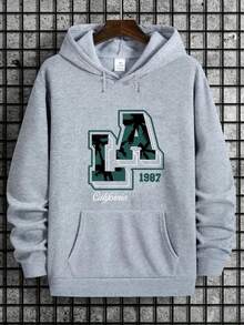 [Polyester Casual Hoodie] Polyester Stylish Men's Casual Hoodie - Machine Washable, Kangaroo Pocket, Letter Print - Fall & Winter Pullover - Màu Xám nhạt - Xem 1