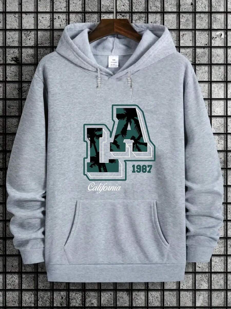 [Polyester Casual Hoodie] Polyester Stylish Men's Casual Hoodie - Machine Washable, Kangaroo Pocket, Letter Print - Fall & Winter Pullover - Màu Xám nhạt - Xem 1