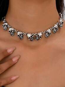 1pc Gothic Style Exaggerated Multiple Skull Connected Choker Necklace, Unique Skull Chain Necklace, Halloween Gift Accessory, Charm & Quirky Personalized Necklace - Màu Bạc Cổ - Xem 2