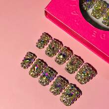 NailLuxe 10 PCS Handmade Duckbill Press - On Nails | HoloGlamRhinestones With Acrylic Iridescent Rhinestones & Crystal Cluster Details - Bạc - Xem 6