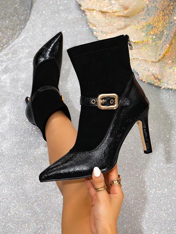 Black Sexy Retro American Classic Boots For Women, 2025 Autumn/Winter New Pointed Toe Warm Lining Boots, Slim Stiletto Soft Leather Slimming Elegant High Heel Ankle Boots, Fashion Versatile One-Buckle Strap Back Zipper