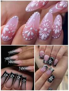 2片装5D立体花藤美甲贴纸，黑白花卉图腾美甲贴花，自粘3D美甲贴纸，墨西哥美甲设计，美甲配件，美甲用品 - 黑與白 - 查看 3