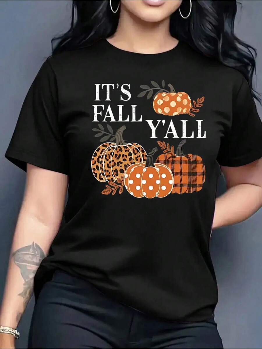 Camiseta de manga corta para damas con estampado de patrones, top de cuello redondo suelto y casual, se puede lavar aáquina para comodidad durante las cuatro estaciones. - Negro - Ver 1