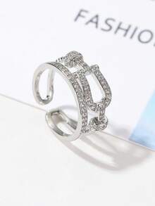 1 pieza Anillo de piedra de circonia de cobre elegante y de moda, diseño de nudo de bloqueo, anillo abierto minimalista unisex