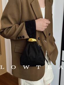 low tea 1pc Solid Color Suede Fabric Handbag For Women, Personalized Mini Cloud Pleated Bag With Metal Decor Zipper Closure, Suitable For Daily And Outing Use - Black - View 7
