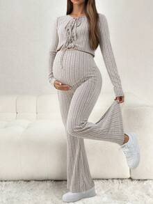 Ribbed Solid Color Bow Blouse & Flare Pants Maternity Set - Apricot - View 1