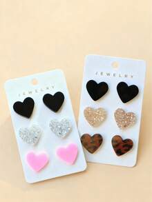 3 Pairs/Set Fashionable Cute Leopard Print Heart Shaped Earrings Set, Gift For Girls - Multicolor - View 2