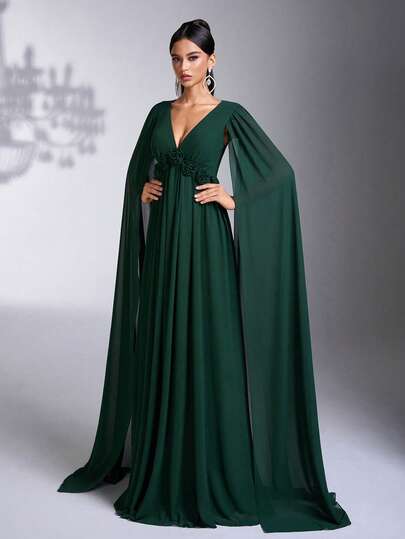 AOSHABABI 深 V 领长款飘逸斗篷长裙，手工制作的 3D 花卉腰饰，适合所有正式场合、音乐节、联欢晚会、婚礼宾客、节日派对、毕业典礼、鸡尾酒会、约会、度假和伴娘礼服