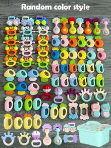 14件婴儿摇铃安抚玩具套装，含抓握、摇铃、牙胶感官玩具，易于抓握，适合新生儿，促进早期感官发育，带收纳盒，非常适合新生男婴女婴生日/节日礼物（包装盒、图案、配件、颜色随机）