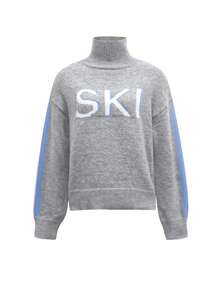 Women's New High Neck Drop Shoulder Long Sleeve Ribbed Waffle Knit Letter Jacquard Pattern Casual Comfortable Soft Fashion Sweater, Autumn/Winter