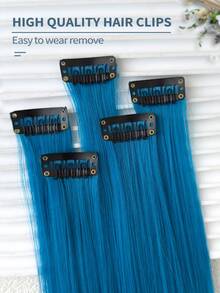 5pcs Blue Hair Clips Extensions, Women Synthetic Fiber Wigs, Can Match Various Hairstyles Without Going To Salon, Suitable For Daily Use And Parties