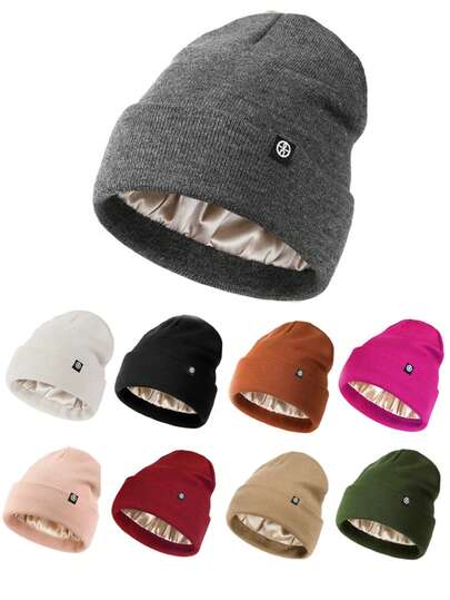 1pc Unisex Solid Color Silk Lining Folded Knit Beanie, Warm Winter Couple Hats With Logo Label, Fashionable Ear Protection Cold Weather Cap