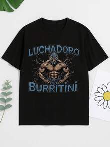 Camiseta de algodón de verano para hombre, estilo casual con estampado gráfico de Luchador, camisetas básicas negras lisas para uso diario, ropa esencial de verano para hombre, camiseta de manga corta con cuello redondo, estilo urbano y atrevido. - Negro - Ver 3