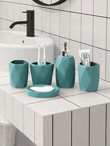 5pcs Morandi Ceramic Bathroom Set, Showroom Bathroom Decor, Liquid Soap Dispenser, Bathroom Tray, Showroom Decor, Toothbrush Holder, Rinse Cup, Soap Dish Bathroom Vanity Set, Bathroom Accessories Set, Toothpaste Holder, Lotion Bottle, Soap Box, Rinse Cup, Green Color Bathroom Vanity Set [New Batch With Reinforced Packaging]