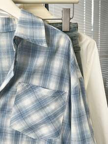 YUXIN Retro Blue Plaid Long Sleeve Chic Loose Fit Shirt For Women, Unique Design, Autumn