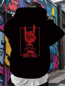Men'S Rock & Roll Graphic Hoodie - Back Print Hooded Sweatshirt With Red Rock Hand Gesture, Long Sleeve Pullover For Concerts, Parties, Everyday Streetwear - Machine Washable Casual Hooded Top For Rock Fans,Fall Hoodies,Men's Fall Clothes,Street Wear,Halloween,Mens Hoodies,Y2k Clothes,Jesus Hoodie,Thanksgiving Day,Nightmare Before Christmas,Christmas - Black - View 1