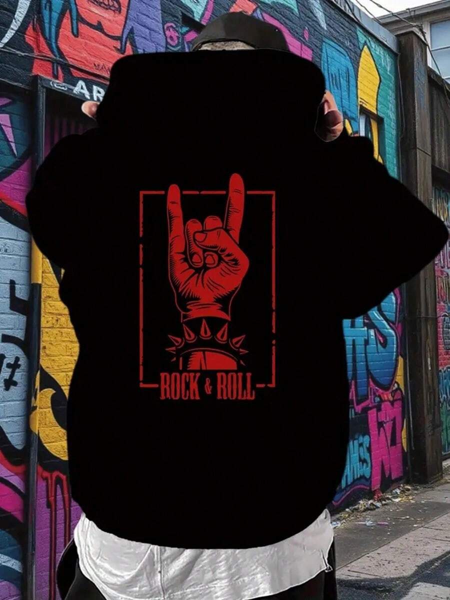 Men'S Rock & Roll Graphic Hoodie - Back Print Hooded Sweatshirt With Red Rock Hand Gesture, Long Sleeve Pullover For Concerts, Parties, Everyday Streetwear - Machine Washable Casual Hooded Top For Rock Fans,Fall Hoodies,Men's Fall Clothes,Street Wear,Halloween,Mens Hoodies,Y2k Clothes,Jesus Hoodie,Thanksgiving Day,Nightmare Before Christmas,Christmas - Black - View 1