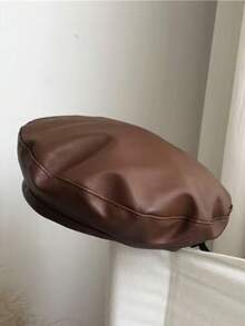 1顶女士贝雷帽，黑色平顶贝雷帽，多功能PU材质油漆工帽，南瓜帽，秋冬黑色贝雷帽 - 彩色 - 查看 3