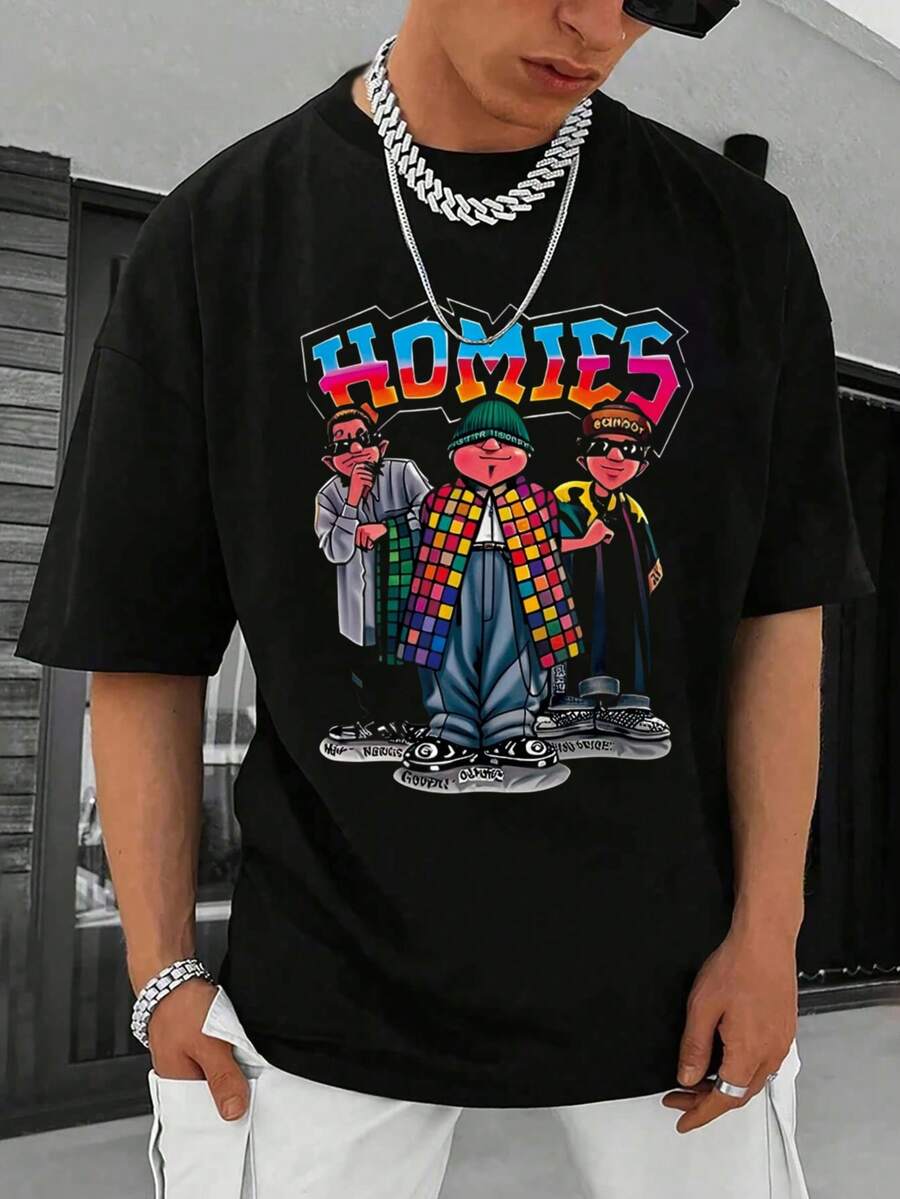 Men's Basic T-Shirt | Homies Graphic Design | 100% Cotton | Soft Comfortable | Best Gift For Men | Suitable For Daily Wear | Unisex Crew Neck Tee | Factory Direct Shipping - 黑色 - 查看 1