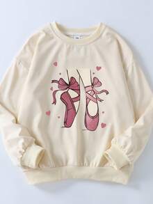 Tween 女童宽松百搭设计小众芭蕾印花圆领宽松毛衣秋冬长袖打底衫杏色上衣 - 杏色 - 查看 3