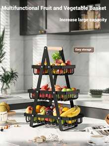 1 pieza Bandeja de cesta de frutas reforzada de 2/3 niveles, estante de almacenamiento para encimera de cocina con varillas de soporte adicionales para frutas, verduras, pan y aperitivos; estantes desmontables ahorradores de espacio adecuados para despensas, armarios y encimeras, y se utilizan a menudo para exhibición en el hogar y la cocina. Cesta de frutas negra.