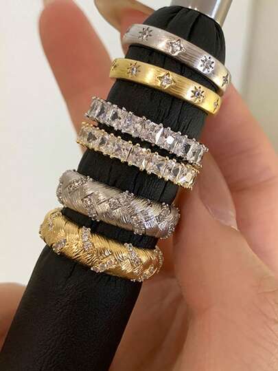 rundraw 2026 节日新款优雅奢华星形麦穗铜锆石金/银开口戒指套装（3件套），适合女士日常、约会、舞会、派对、搭配日常服饰，是送给朋友、情侣、新年、情人节的最佳礼物。