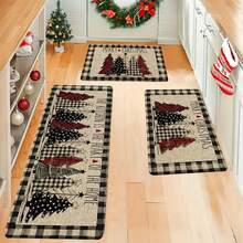 1/2/3pcs Black & White Plaid Christmas Tree & Merry Christmas Kitchen Mat Set, Subtle Winter Home Decor Kitchen Carpet - Multicolor - View 4
