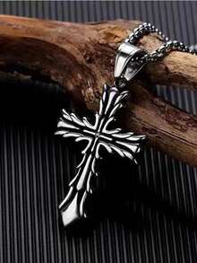 1pc European & American Style Thorny Cross Necklace, Personalized Punk Cross Pendant Long Necklace Accessory