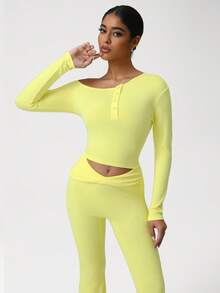 Sodalemon Women Elastic Outdoor Training Set Single Shoulder Button Long Sleeve Fitness T-Shirt Ttwist Fold Waistband Dance Yoga Flare Pants Workout Sport 2 Pieces Sets