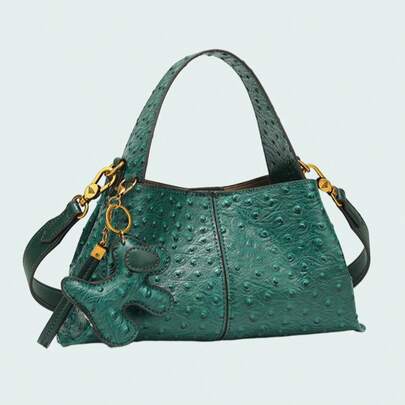 Dark Green Ostrich-Embossed Leather Hobo Bag, Gold Hardware Convertible Top-Handle Crossbody Bag, Adjustable Strap Luxury Shoulder Purse, Medium Size Daily Organizer, Retro With Playful Charm Bag For Dating/Commute