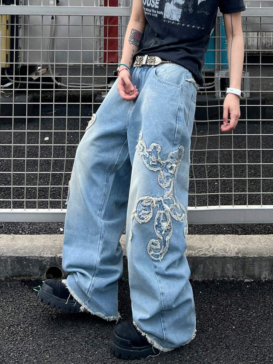 1 Quần jean ống rộng thêu viền tua rua phong cách American Streetwear, thoải mái và thời trang, đa năng (Sản phẩm không bao gồm thắt lưng và phụ kiện) - Màu xanh lam - Xem 1