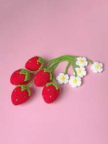 1pc Car Rearview Mirror Woven Finished Pendant Strawberry Flower Cute Car Interior Hanging Decoration Universal Fresh - A - View 6
