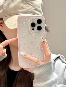 Pink Flower Dopamine Color Scheme, Floral Pattern Phone Case, Compatible With IPhone 15/16 Pro Max, Creative Apple 11/12/13/14 Pro Anti-Drop Phone Case - Pink - View 5