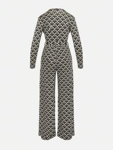 Mono con estampado, cuello en triángulo y cinturón en la cintura - Negro - Ver 7