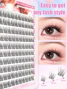 120/100 件自粘式独立睫毛簇、漫画睫毛和自然假睫毛 C 卷曲 DIY 可重复使用睫毛、自然、纤细、防水、交叉、猫眼、娃娃风格、10-12 毫米长度、带睫毛镊子、适合初学者、带有预装胶条，方便使用 - 黑色 - 查看 5