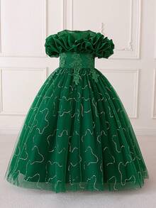 女童荷叶边露肩粉色派对礼服，花卉刺绣，生日派对，婚礼，毕业舞会，儿童优雅礼服 - 墨綠色 - 查看 1