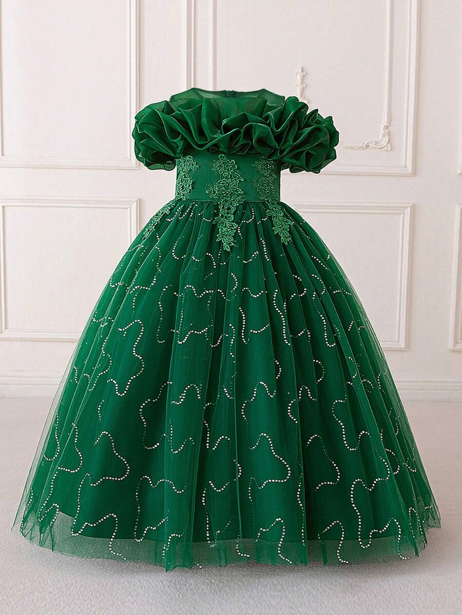 女童荷叶边露肩粉色派对礼服，花卉刺绣，生日派对，婚礼，毕业舞会，儿童优雅礼服 - 墨綠色 - 查看 1