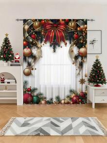 1pc Christmas Ball & Element Pattern Premium Decorative Curtain Rod Pocket Sheer Curtain, All Season Use For Outdoor, Gazebo, Bedroom, Kitchen, Office, Study, Living Room - Semi-Sheer (100g Fabric Weight) Home Decor Christmas Decorations Room Decor Christmas Decorations Home