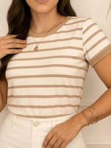 Babe Look Striped Round Neck Basic T-Shirt Premium  Summer Fashion - Khaki - View 5