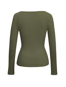 Sunny Girl Style Spring Girlfriend's Day Women's Long Sleeve Square Neck Top, Lace Collar Trim, Sweet Casual Minimalist Campus Style - Army Green - View 5