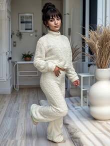 Pants De Peluche Con Sudadera Cerrada Cuello Alto - hueso - Ver 2